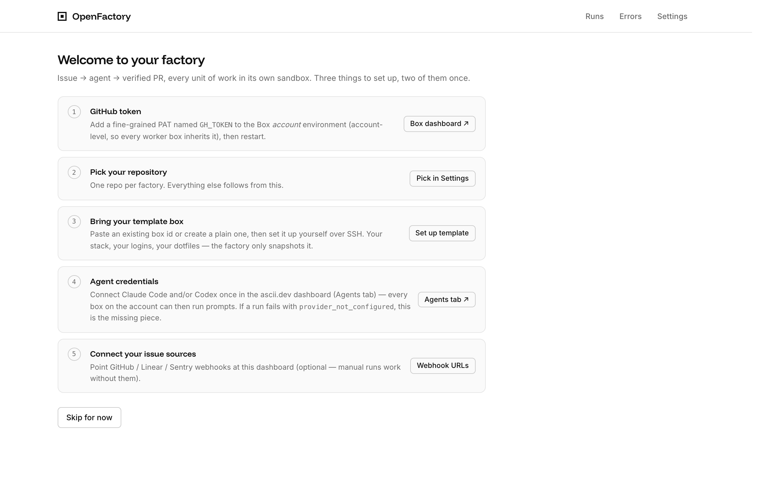 OpenFactory dashboard before a repository or template sandbox has been configured